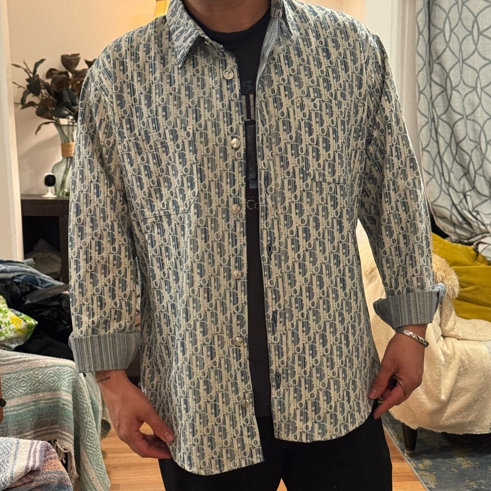 Dior Men's Navy and Cream Logo Shirt Jacket